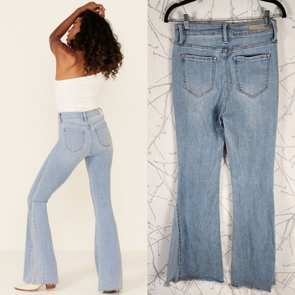 Cello Light Wash Stretch Denim High Rise Flare Jeans Raw Hem - Picture 2 of 7